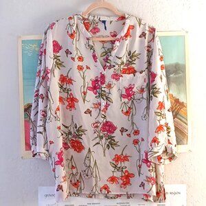 Falls Creek Floral Print V-Neck 3/4 Sleeve Blouse Woman's Plus Size 2X